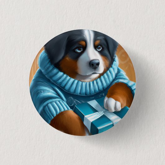 Berner Sennenhond met kerstcadeau Ronde Button 3,2 Cm (Voorkant)