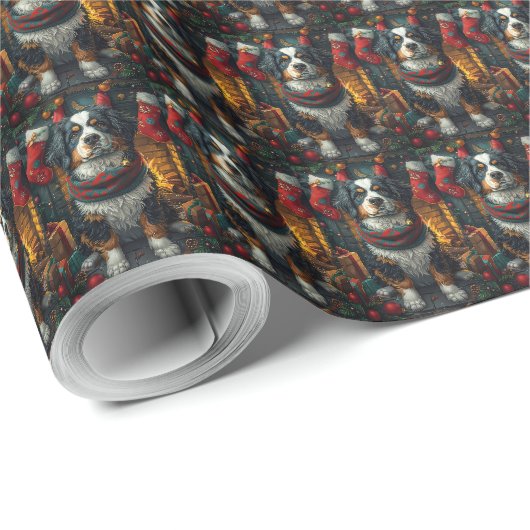 Berner Sennenhond met kerstcadeaus Haard Cadeaupapier (Rol Hoek)