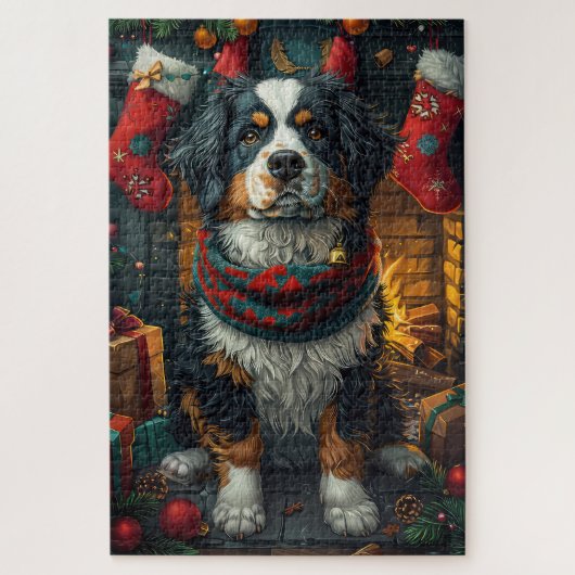 Berner Sennenhond met kerstcadeaus open haard Legpuzzel (Verticaal)