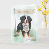 Berner Sennenhond onder verjaardagsbord Kaart (Gele Bloem)
