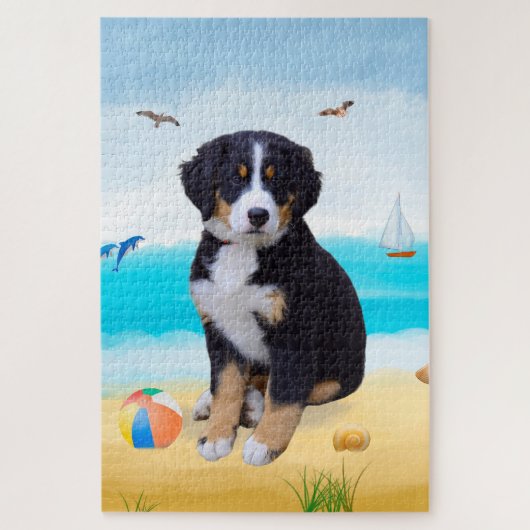 Berner Sennenhond op het strand Legpuzzel (Verticaal)