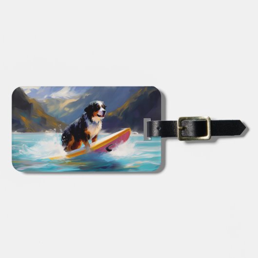 Berner Sennenhond Strand Surfen Schilderij Bagagelabel (Voorkant horizontaal)
