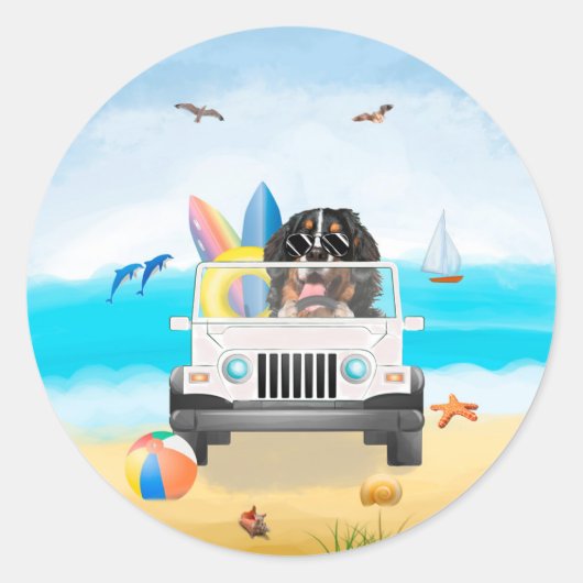 bernese berg Dog Rijden op strand Ronde Sticker (Voorkant)