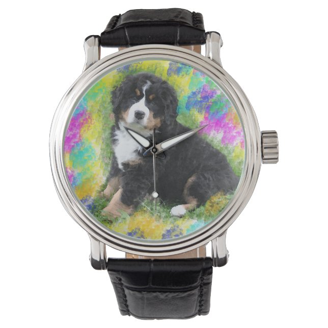Bernese Berghond Aquarel Kunst Schilderij Horloge (Voorkant)