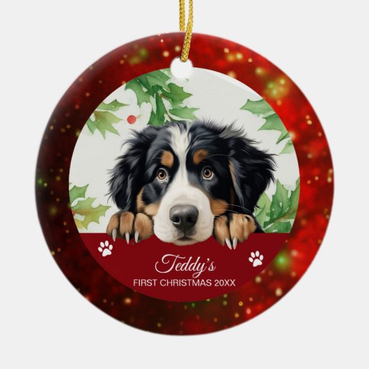 Bernese Berghond Eerste Kerstmis Op Maat Keramisch Ornament (Voorkant)