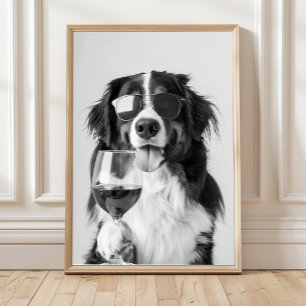 Bernese Berghond en wijn muur kunst, Zwart en Poster
