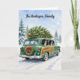 Bernese Berghond Familie Kerstmis Groene Wagon Feestdagen Kaart