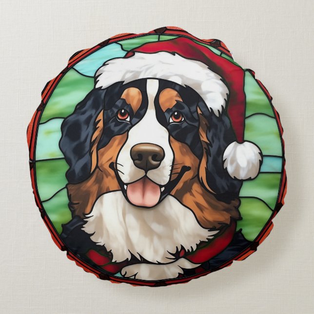 Bernese Berghond Gebrandschilderde Glas Kerstmis Rond Kussen (Achterkant)
