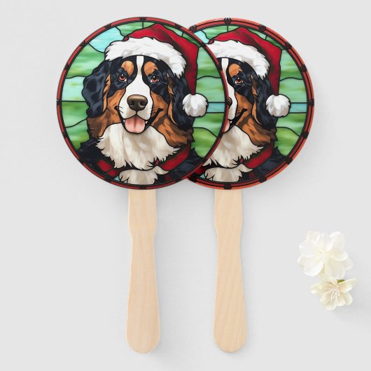 Bernese Berghond Gebrandschilderde Kerstmis Handwaaier (Voorkant en achterkant)