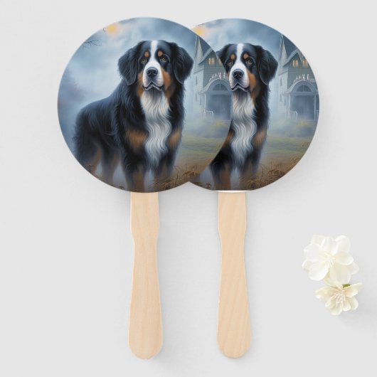 Bernese Berghond Halloween Griezelen Handwaaier (Voorkant en achterkant)