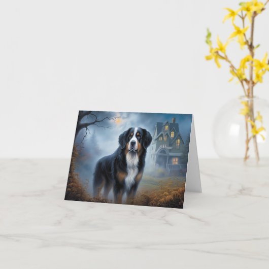 Bernese Berghond Halloween Griezelen Kaart (Gele Bloem)