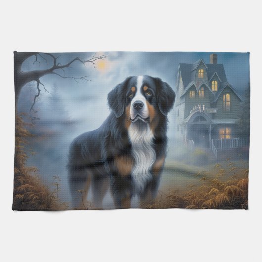 Bernese Berghond Halloween Griezelen Theedoek (Horizontaal)