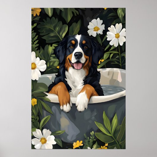 Bernese Berghond in badkuip Poster, Grappige Hond Poster (Voorkant)