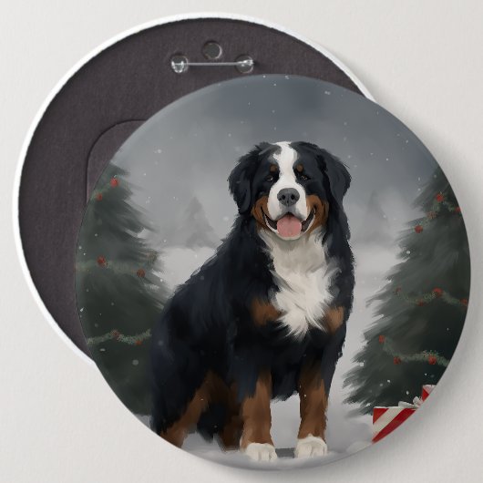Bernese Berghond in Sneeuw Kerstmis Ronde Button 6,0 Cm (Voorkant /achterkant)