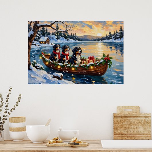 Bernese Berghond Kerstboot Vakantie Poster (Keuken)