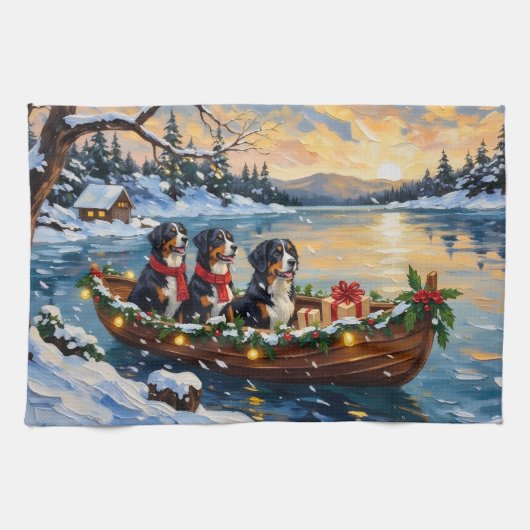Bernese Berghond Kerstboot Vakantie Theedoek (Horizontaal)