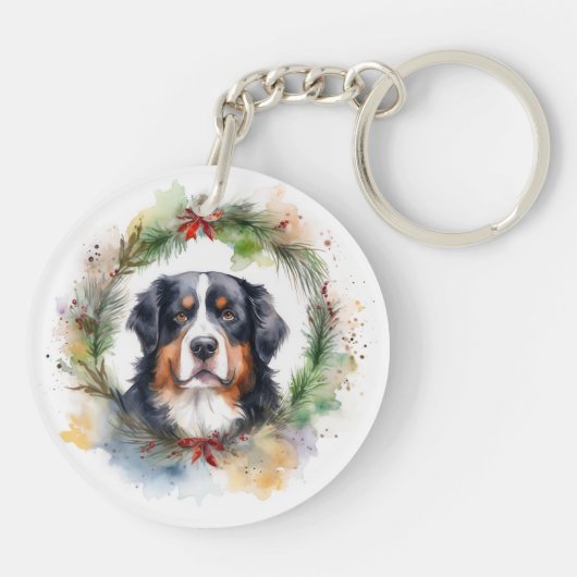 Bernese Berghond Kerstkrans Feestelijke Pup Sleutelhanger (Achterkant)