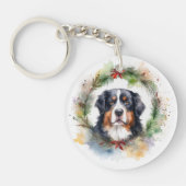 Bernese Berghond Kerstkrans Feestelijke Pup Sleutelhanger (Voorkant)