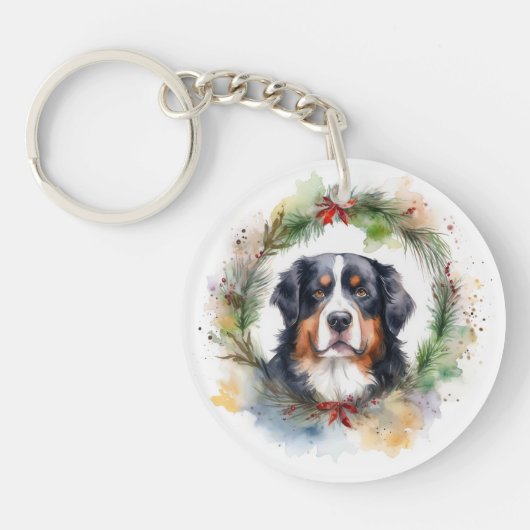 Bernese Berghond Kerstkrans Feestelijke Pup Sleutelhanger (Voorkant)