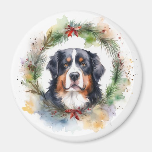 Bernese Berghond Kerstkrans Vrolijke Pup Magneet (Voorkant)