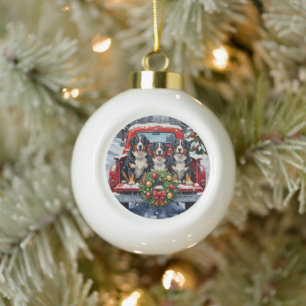 Bernese Berghond Kerstmis Rode Truck Vakantie Keramische Bal Ornament
