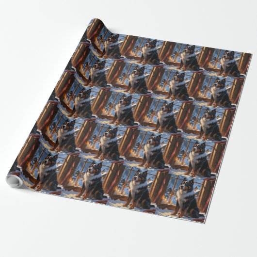 Bernese Berghond Met Kerstverlichting Vakantie Cadeaupapier (Uitgerold)