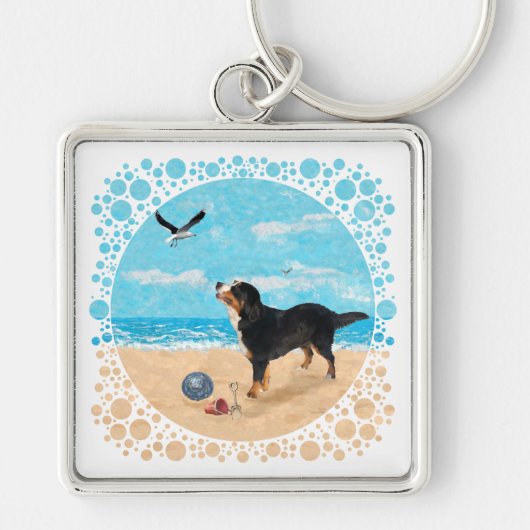 Bernese Berghond op het Strand Sleutelhanger (Voorkant)