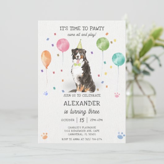 Bernese Berghond Pawty Puppy Verjaardag Roze  Kaart (Staand voorkant)