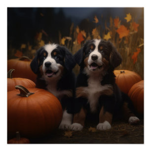 Bernese Berghond Puppy Herfst Plezier Pompoen Perfect Poster