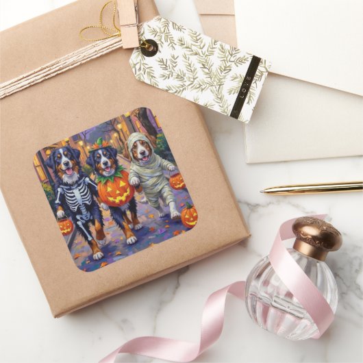 Bernese Berghond Trick-or-Treating op Halloween Vierkante Sticker (Geschenken)