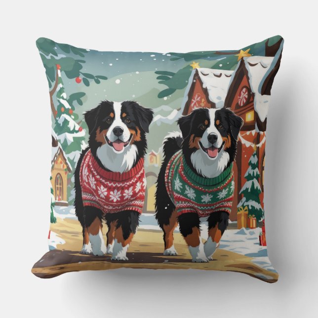 Bernese Berghonden Kerst Sneeuw Vakantie Kussen (Voorkant)