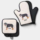 Bernese cartoon van berghond ovenwant & pannenlap set (Voorkant / Achterkant)