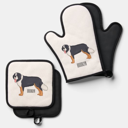 Bernese cartoon van berghond ovenwant & pannenlap set (Voorkant / Achterkant)