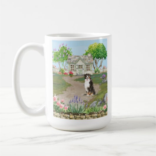 Bernese Mountain Dog bij de keramische mok Cottage (Links)