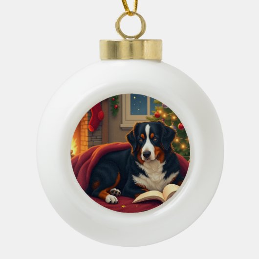 Bernese Mountain Dog Christmas Bedtime Story Keramische Bal Ornament (Voorkant)