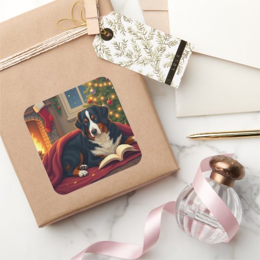 Bernese Mountain Dog Christmas Bedtime Story Vierkante Sticker (Geschenken)