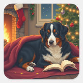 Bernese Mountain Dog Christmas Bedtime Story Vierkante Sticker (Voorkant)