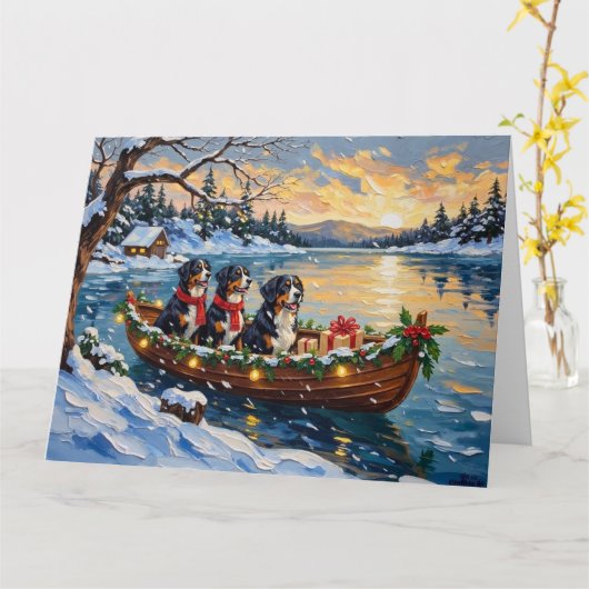 Bernese Mountain Dog Christmas Boat Holiday Kaart (Gele Bloem)