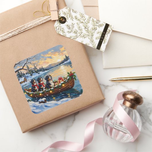 Bernese Mountain Dog Christmas Boat Holiday Vierkante Sticker (Geschenken)