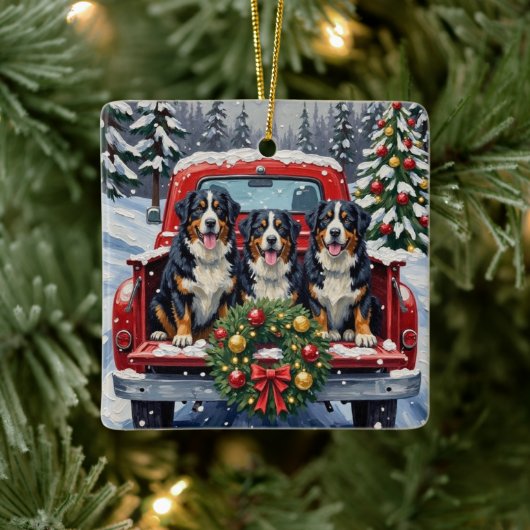 Bernese Mountain Dog Christmas Red Truck Holiday Keramisch Ornament (Boom)
