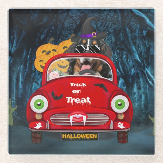 Bernese Mountain Dog Driving Car Scary Halloween Glazen Onderzetter (Voorkant)