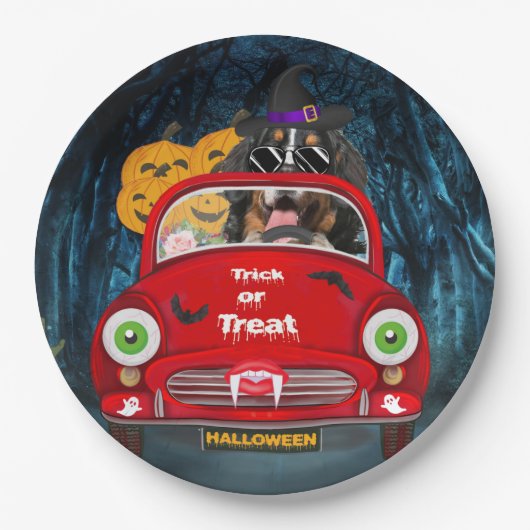 Bernese Mountain Dog Driving Car Scary Halloween Papieren Bordje (Voorkant)
