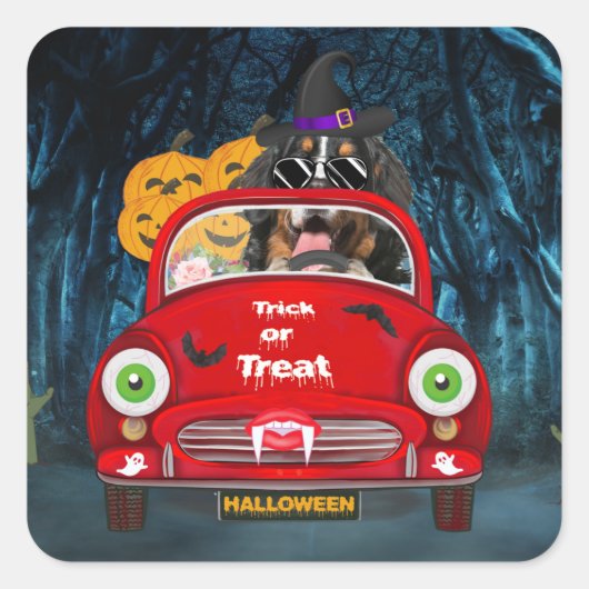 Bernese Mountain Dog Driving Car Scary Halloween Vierkante Sticker (Voorkant)