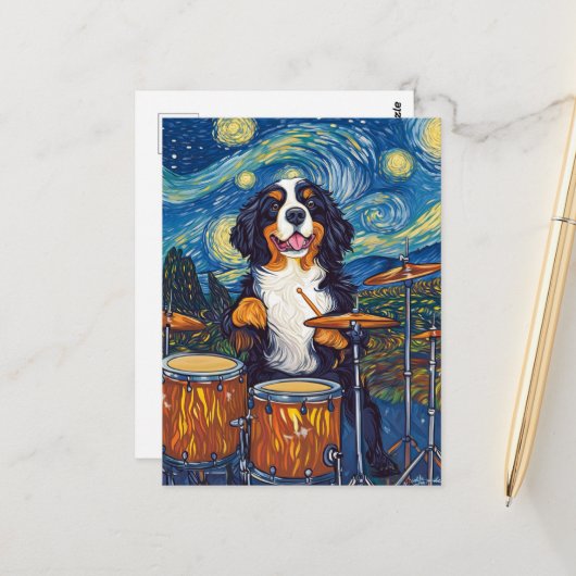Bernese Mountain Dog Drummer Briefkaart (Voorkant / Achterkant in situ)