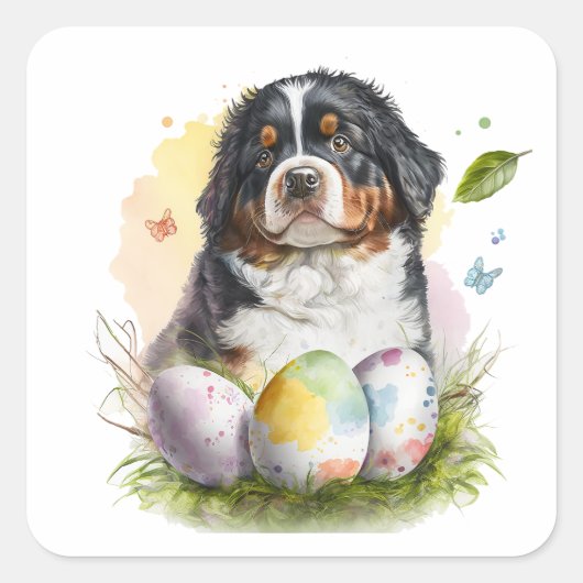 Bernese Mountain Dog Easter Egg, Bernese Pasen Vierkante Sticker (Voorkant)
