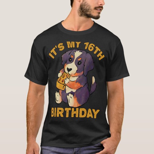 Bernese Mountain Dog Eating Pizza Het is mijn 16e  T-shirt (Voorkant)