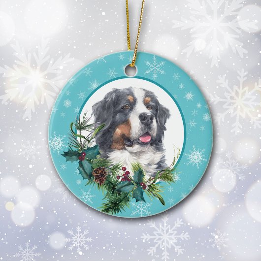 Bernese Mountain Dog Evergreen Snowflake Border Keramisch Ornament