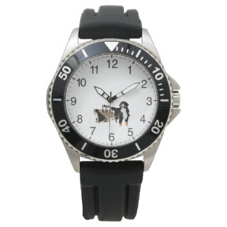 Bernese Mountain Dog Family met Wooden Wagon Horloge