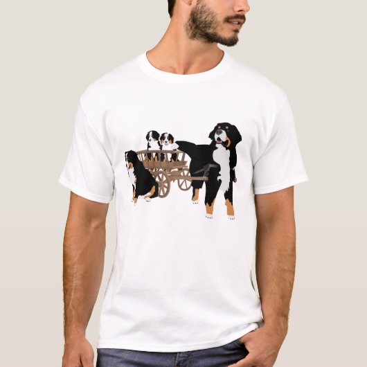 Bernese Mountain Dog Family met Wooden Wagon T-shirt (Voorkant)