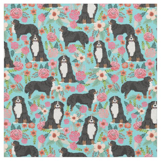 Bernese Mountain Dog  florals turquoise Stof (Close Up)